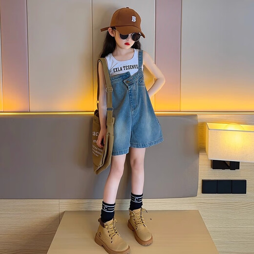 G.DUCKKIDS小黄鸭儿童牛仔背带裤2025新款夏装小女孩儿童休闲短裤百搭薄款套 蓝色牛仔背带裤 MEF 150 建议身高145cm左右