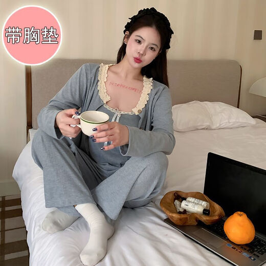 荣西图（RONGXITU）棉睡衣女带胸垫吊带三件套韩版甜美ins风家居服 S681#米白 180 XL