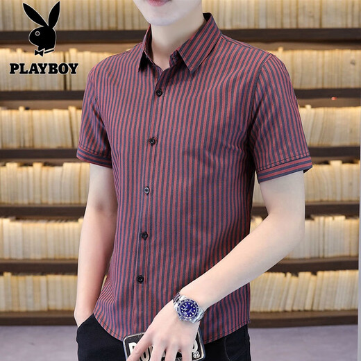花花公子（PLAYBOY）条纹衬衫男短袖2025夏季新款潮流百搭男装上衣薄款透气半袖衬衣男 HS-826灰色 M 90-102斤