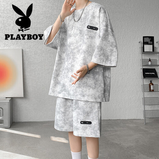 花花公子（PLAYBOY）夏季套装男小众设计感扎染七分袖t恤短裤潮流酷帅大码男装一整套 TZ757扎染黑 M (建议95-110斤)
