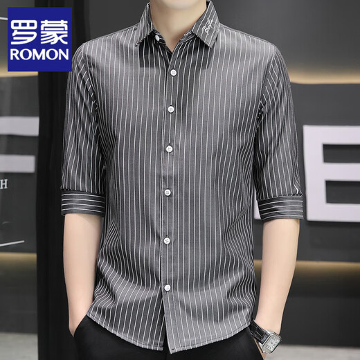 罗蒙（ROMON）夏季冰丝七分袖衬衫男短袖条纹休闲修身男士衬衣潮流中袖寸上衣服 单件682白色 M