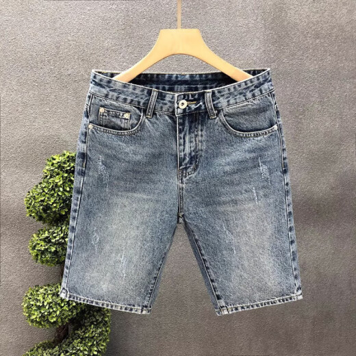 夏季薄款牛仔五分裤男士韩版潮流修身牛仔短裤夏天弹力男裤马裤5 蓝色-聚-K844 36 【腰围2尺8】