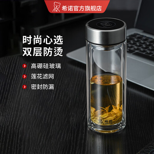 MathDeray玻璃杯双层隔热高硼硅杯子家用喝水车载水杯商务茶杯 E-6636-深绿--礼盒装 400ml