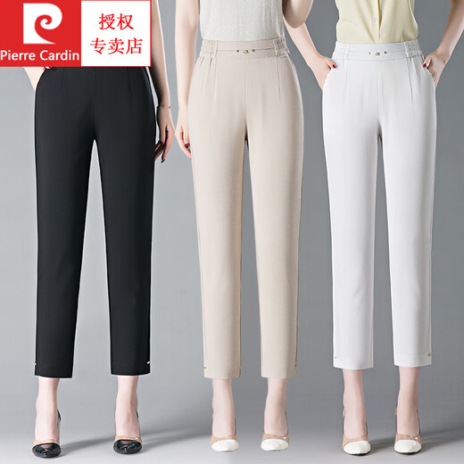 Pierre Cardin 2025 Pantalon recadré Pantalon droit d'été Fime Femme Blanc haute taille mince et à la mode tombant du pantalon mère d'âge moyen D6626 Pantalon recadré blanc 27 [poids 80-95 Jin [Jin est égal à 0,5 kg]]]