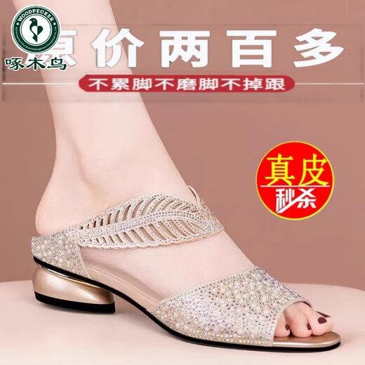 啄木鸟真皮网纱凉拖女2025新款夏季时尚百搭水钻粗跟外穿鱼嘴凉鞋一字拖 金色 38 标准码数