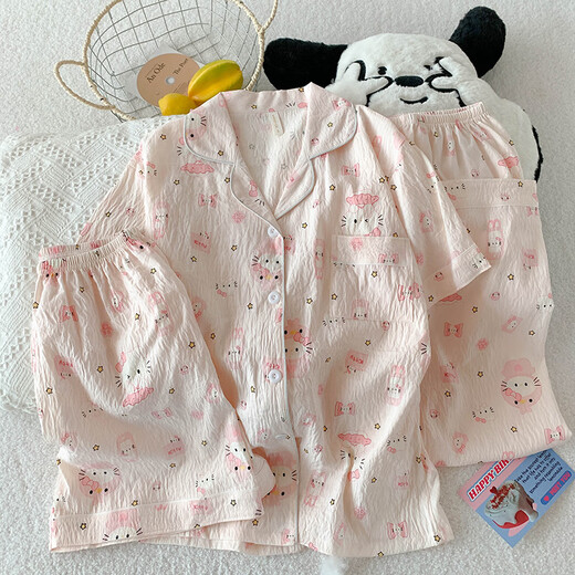 S.sofea Cloud Cotte Pajama для женщин Лето-розовый кошка мультфильм с короткими рукавами с тремя частями.