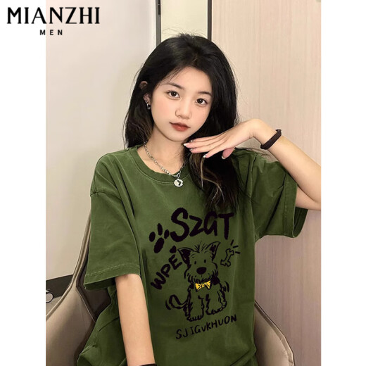 棉致美式复古绿色卡通小狗短袖t恤女夏季新款国潮牌半袖纯棉小众上衣 B15664军绿色【高品质18.5】 3XL 160-180斤