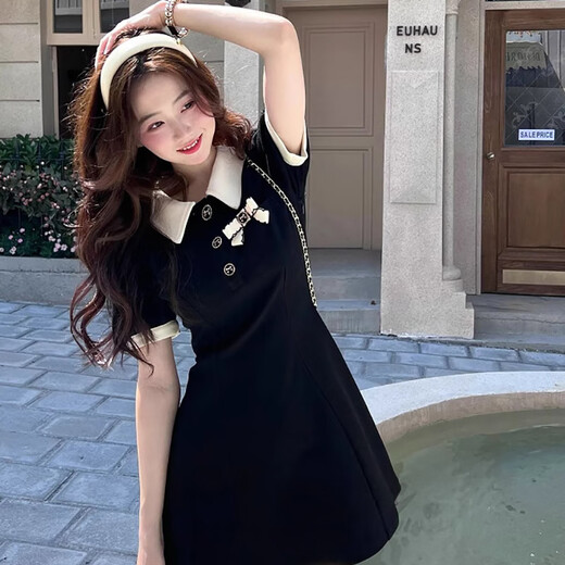 Miao Yijia Vestido negro Falda de mujeres Summer 2025 NUEVA SUMER SUMERA POLO PURO ACADE PURE ACADEMY PEMEMENTO PELEMENTO POTIMO VESTO NEGRO Tamaño solo [recomendado 120 Jin [Jin equivale a 0.5 kg]]]