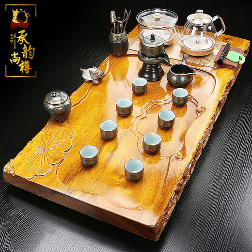 Chengyun Shangzun golden nanmu tea tray tea set fully automatic kettle all-in-one high-grade whole wood single-layer drainage tea tray 02 Xianglong 82 long + wisteria flower tea set + gold kettle