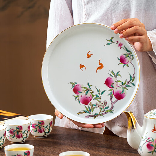 Jingdezhen high-end pure hand-painted gold-painted complete set of Shoudao water set for living room Chinese style ceramic teapot, cup tray for home use, Shoudao tea set, nine peaches and five blessings 8-piece set ~ brocade box