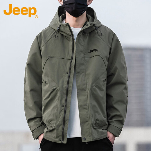 Jeep (JEEP) Jacket Men's Autumn and Winter Assault Jacket Loose Trendy Work Clothes Hooded Windproof Clothes Men's Army Green XL