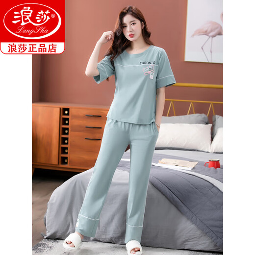 Langsha Pajamas para mujeres en verano algodón puro 2025 Nuevos pantalones de manga corta Juego de ropa para algodón delgado 7374 Bean Green M 80-100Jin [Jin es igual a 0.5 kg]