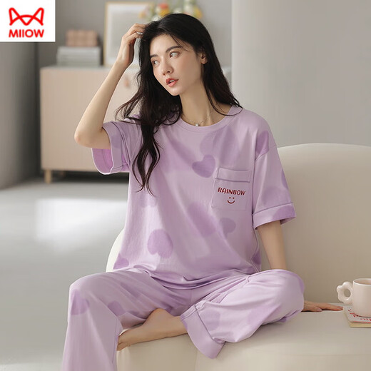 猫人（MiiOW）纯棉睡衣女短袖长裤夏季韩版女士圆领套装薄款全棉外穿家居服 RN9712#短袖长裤纯棉 M (80-100斤)