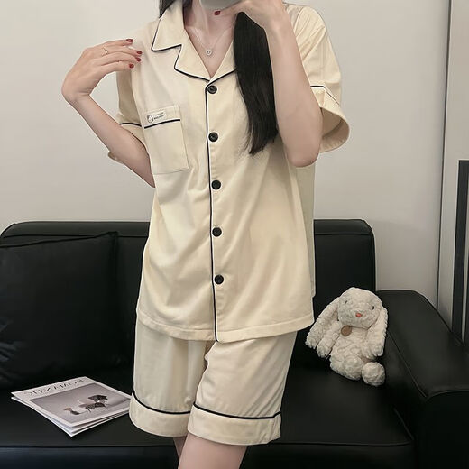 雅鹿韩版简约纯色纯棉睡衣女短袖短裤夏季两件套宿舍家居服套装 9903#黑色 M 80-100斤