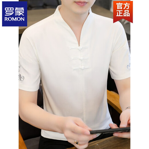 Romon Ice Seide T-Shirt Herren kurzärmelig 2025 Neue Männer chinesische Stil V-Ausschnitt mit halbärmeligem Sommer Thin Chinese Style T-Shirt E9871 Weiß (Ice Seide Slimming Material) l