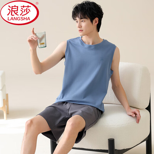 浪莎（LangSha）春夏季纯棉睡衣男士无袖背心短裤春秋天薄款宽松透气休闲家居服套 YDY-13652 XL 建议体重120-140斤