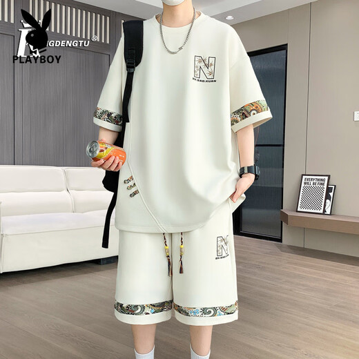 花花公子（PLAYBOY）短袖短裤套装男夏季潮流男款一套男士休闲运动男装一整套夏装 YYW6195绿色套装 品质保证 4XL 建议180-200斤
