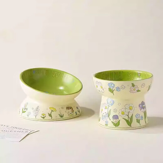 Lace Ceramic Cat Bowl Cute Green Rabbit Water Bowl Set Cat Food Bowl Ceramic Slanted Mouth Dog Food Bowl Cat Anti-Tip Green Rabbit Slanted Mouth Bowl + Flat Mouth Bowl M-Medium Size