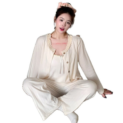 Rongxitu süße und reine Stil-Pyjamas mit Brustpolstern für dreiteiliges Set für Hauskleidung im Freien Frühling und Sommer S681# Grau und Blau 170 m