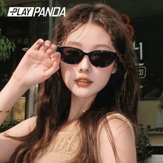 PLAYPANDA欧美ins猫眼墨镜女款感辣妹方圆脸窄框太阳眼镜 白框灰片