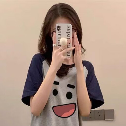 COLORFUL GEMS夏季女童宽松显瘦睡裙短袖过膝韩版长款家居服广州十三行 KE-1105#灰色表情包裙 均码