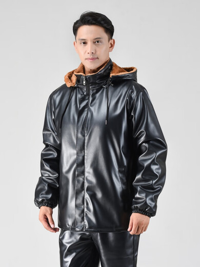 Shantou Lincun velvet thickened leather jacket and leather pants suit men's motorcycle windproof loose plus size winter leather and cotton coat driving jacket hooded velvet thickened leather jacket suit 2XL 2XL recommended 120-140Jin Jin equals 0.5 kg