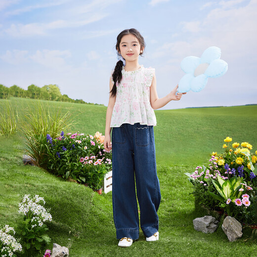 Inman girls' pure cotton breathable shirt with flying sleeves summer new medium and large children's short-sleeved top with ruffle decoration pink flower 140