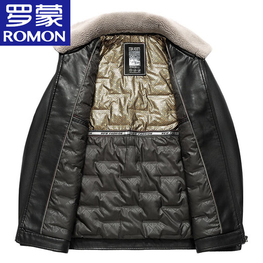 ROMON leather down men's 2026 autumn and winter new thickened warm leather jacket removable fur collar leather jacket men's jacket black 2XL reference around 140-155
