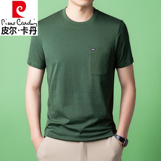 Pierre Cardin Algodón puro Camiseta de manga corta de algodón corto para hombres Camiseta de bolsillo de bolsillo real de color sólido de mante manga de cuello redondo.