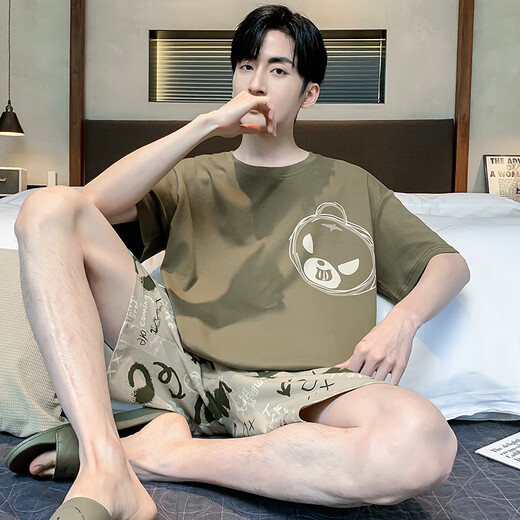 Langsha (Langsha) Pajamas para hombres de verano Algodón puro caricatura de manga corta adolescente para hombres de verano de gran tamaño para el hogar