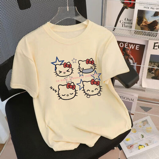 妙款女童纯棉圆领上衣2025新款夏季百搭字母印花短袖t恤儿童杏色体恤 杏色短袖T恤【1049】 120 cm