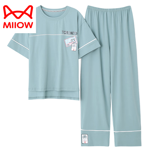 猫人（MiiOW）睡衣女夏季纯棉2025年新款短袖长裤家居服套装可外穿薄款全棉套装 7374豆绿 M 80-100斤