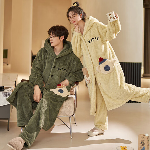 Fuxinkang coral velvet couple pajamas men's autumn and winter thickened and extended loose women's nightgown flannel bathrobe home clothes PY-6627 XL - women [height 165-170-weight 120-140]
