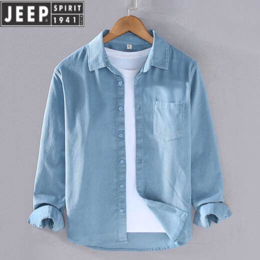 JEEP SPIRIT春季灯芯绒衬衫男长袖纯棉宽松薄款日系条绒感白休闲衬衣外套 浅蓝色【9716】 M
