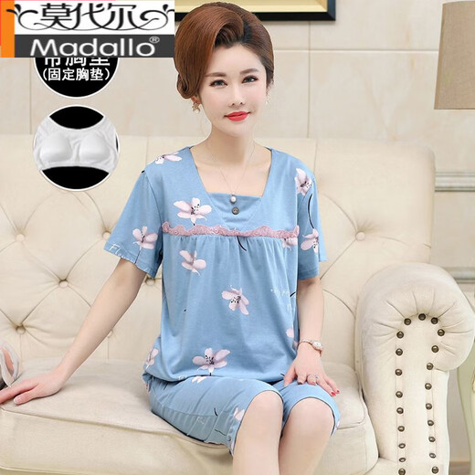 莫代尔带胸垫中老年人睡衣妈妈夏天女棉短袖七分裤加肥加大码家居服套装 V3937 M (带固定胸垫) 80-100斤
