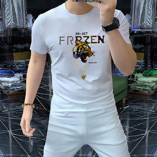 花花公子（PLAYBOY）欧货2025短袖T恤男士丝光棉半袖老虎头烫钻欧洲站圆领修身冰丝亮 6628桔色【丝光棉】 XL