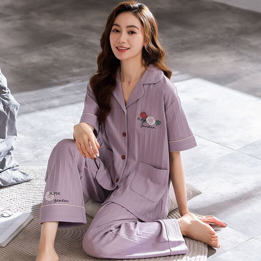 浪莎（LangSha）2025年新款睡衣女式夏季短袖长裤翻领开衫中年妈妈家居服可外穿 PDDQ9921 M 【建议80-105斤】】