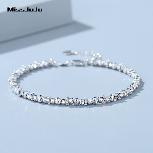 Miss JuJu pt950 platinum starlight bead bracelet for women, new platinum sparkling poppy bead bracelet, weight 8.7-8.9g, length 16+3cm+ blue silk gift box