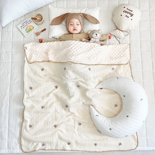 Wen Yijia customized bean blanket baby blanket baby blanket newborn gauze quilt children kindergarten blanket spring and autumn thin quilt 100*70cm double layer bear head (0-1 years old) 252