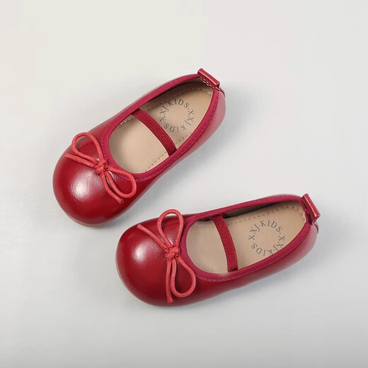Ershanji 2025 Spring and Summer New Girls' Leather Shoes with Bow Knot Children's Shoes Little Girls Princess Shoes Soft Sole Peas Shoes Shallow Mouth Single Shoes Bow Knot Leather Shoes Wine Red Size 32 Inner Length 19.2cm