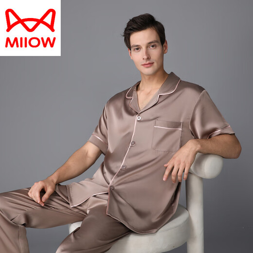 猫人（MiiOW）睡衣男夏季真丝薄款短袖长裤春秋家居服丝绸感欧美2025新款 浅灰色 3899 L (体重100-130斤)