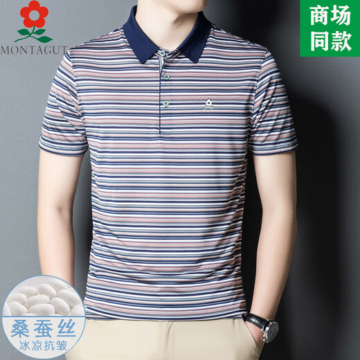
MONTAGUT men's mulberry silk striped short-sleeved T-shirt summer middle-aged casual silk cool lapel polo shirt N7003-camel L 170 suitable for 115-125Jin [Jin equals 0.5 kg]