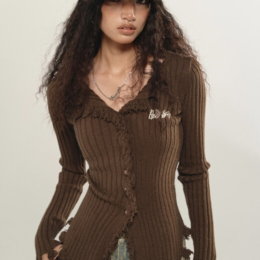
Ziweiqi American tassel sweater autumn suit for women 2025 new European and American stretch cardigan wool top apricot color original quality S
