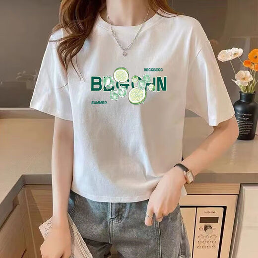 Shukaren Cotton Kurzschläfe kurzes Design Rundes Hals weißes T-Shirt für Frauen Mode Neue gedruckte lose schlanke Taille Top White-1047 S 75-90jin [Jin ist gleich 0,5 kg]