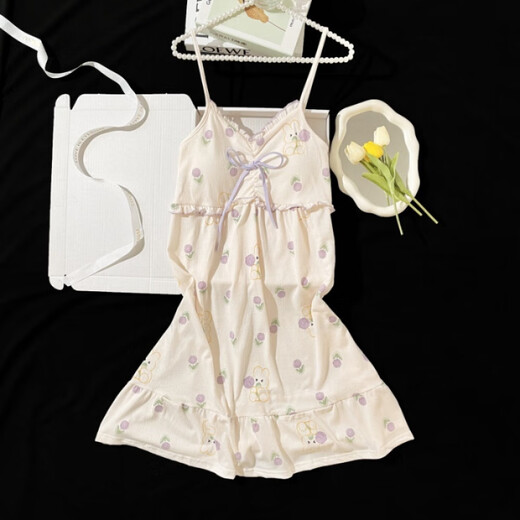 
Single Nanwei summer new knitted cotton nightgown with breast pad sexy suspender midi skirt sweet and cute style home clothes nightgown 687-1 2XL