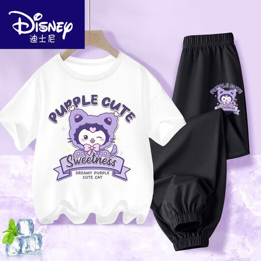 Disney Binpaw Girls Summer Jade Dog Dog 2025 New Big Children Cotton Pure Coton Shirt T-shirt A983 White + A984 Purple Pants 130 (hauteur suggérée 115-125 cm)