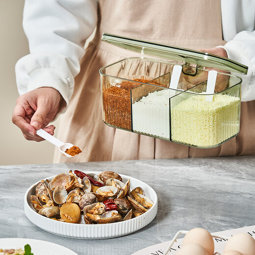 Yunsui seasoning box combination set all-in-one multi-grid kitchen household salt, MSG, pepper seasoning storage box seasoning bottle salt shaker, transparent green, double sealed, free 3 spoons, single piece