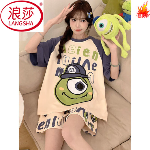 浪莎（LangSha）睡衣女纯棉夏季短袖短裤薄款卡通加大码200斤夏款女士家居服套装 WB短.袖1343 M 小码(80-100斤)