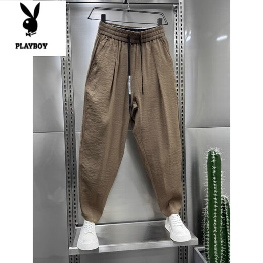 花花公子（PLAYBOY）夏季薄款棉麻休闲裤男冰丝垂感哈伦裤2025新款炸街宽松九分萝卜裤 咖色 XL 建议130-150斤