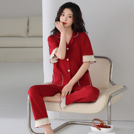 浪莎（LangSha）结婚情侣睡衣一男一女夏季薄款纯棉短袖红色喜庆可外穿家居服套装 866+766 M 女+男款3XL